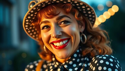 Whimsical polka dot attire, joyful expression, timeless elegance,   radiant,  cheerful