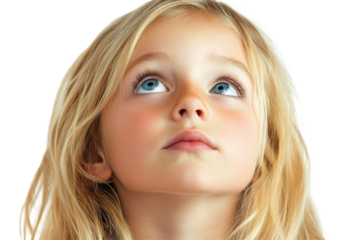 Close up of a young girl with blue eyes looking upwards isolated on transparent background. Young blonde woman wondering questioning herself expression concept isolated on white background.