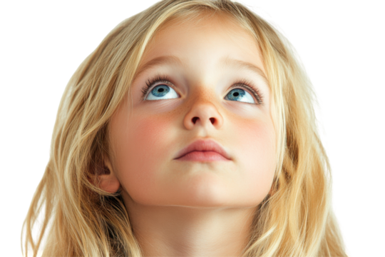 Close up of a young girl with blue eyes looking upwards isolated on transparent background. Young blonde woman wondering questioning herself expression concept isolated on white background.
