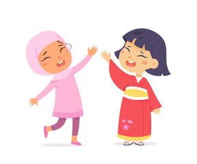 Happy kids giving a high five. Smiling girls celebrating together. Friendship and teamwork concept. Cute flat vector illustration isolated on white background.