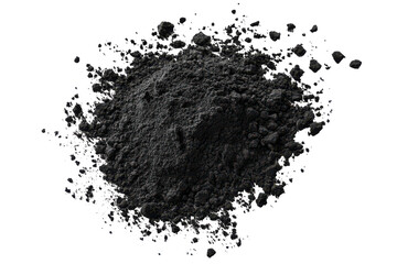 Pile of black charcoal powder isolated on transparent background. Black color powder pulver explosion isolated on white background.