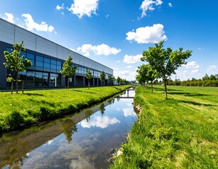 Modern industrial building beside a tranquil waterway