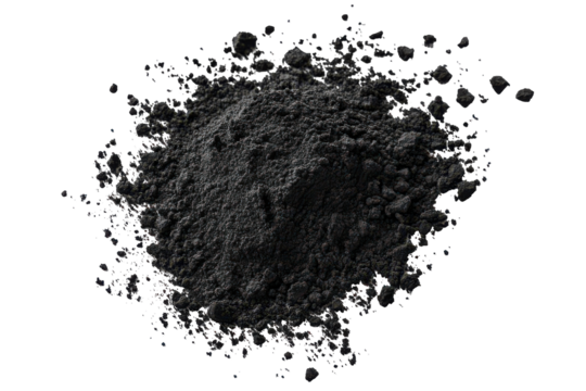 Pile of black charcoal powder isolated on transparent background. Black color powder pulver explosion isolated on white background.