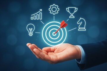 A hand holds a glowing target graphic, surrounded by achievement icons, symbolizing success and focused strategy.