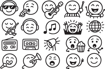 Fototapeta premium Collection of hand drawn doodle emojis expressing joyful emotions and musical activities with instruments and audio equipment