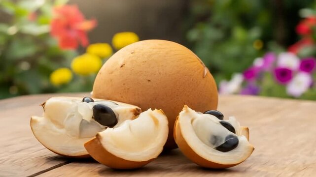 A whole sapodilla fruit and several cut pieces with white flesh and black seeds on a wooden table, against a blurred background of green leaves and colorful flowers.