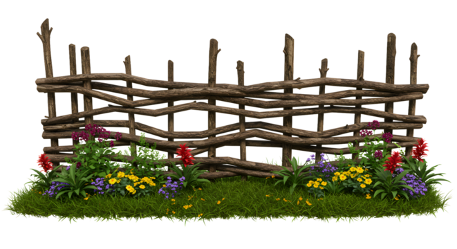 Rustic wooden fence with colorful flowers creates a charming garden border or whimsical design element