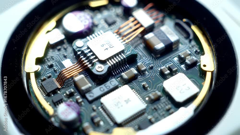 Poster detailed close up of wearable biotech device intricate circuitry microchips and advanced wiring tech