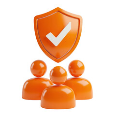 3d orange shield with checkmark above group of people icons isolated on transparent background