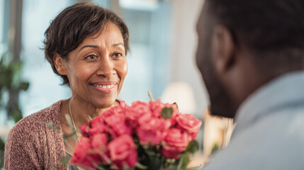 Smiling Black woman receives bouquet of pink roses from man indoors, capturing a moment of affection, gratitude, or celebration in a warm emotional exchange.