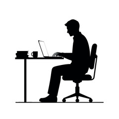 Silhouette of a person working on a laptop at a desk vector silhouette.