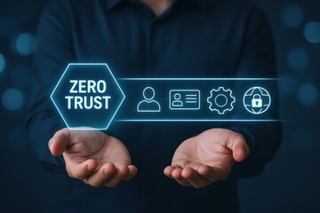 Hands holding a futuristic digital display showcasing the concept of zero trust security.
