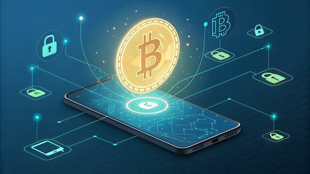 Digital bitcoin cryptocurrency emerging from a smartphone screen surrounded by futuristic network connections and security padlock icons illustrating online financial technology