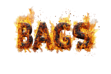 The word BAGS burning with flames isolated on transparent background. Burning BAGS letters isolated on white background.