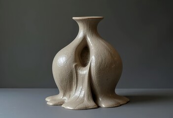 Abstract ceramic vase with glossy beige speckled surface and vertical indentation photo