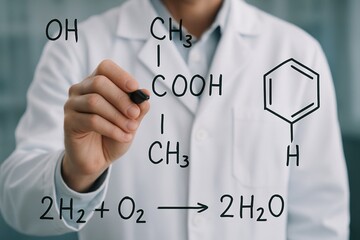 Modern science scene with a scientist writing chemical formulas on a transparent glass board. Face hidden, focus on equations and hands.