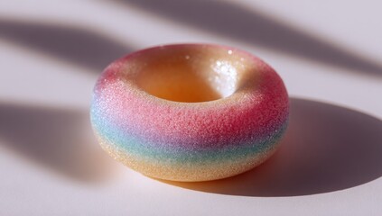 Close-up of a rainbow-colored, ring-shaped candy