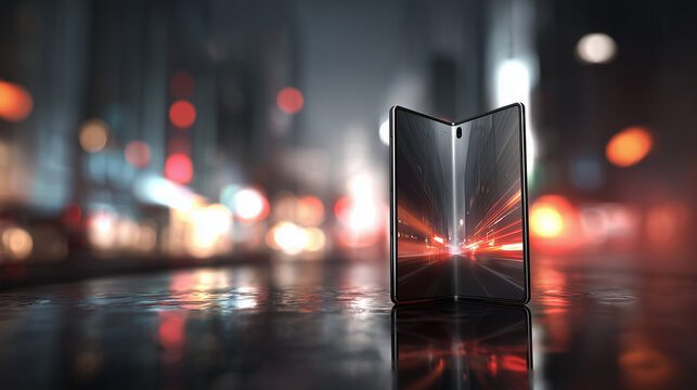 Smartphone pieghevole a V con display riflettente e scie luminose urbane; scena notturna bokeh su superficie bagnata. Concept 5G, velocit&agrave;, innovazione mobile, design premium senza marchi.