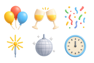 Neon party elements: balloons, champagne, confetti, sparklers, disco balls, midnight clock