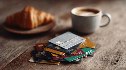 Credit cards lie on a rustic table near coffee and a pastry. A metaphor for consumerism, debt, and lifestyle. Ideal for finance, banking or lifestyle articles.