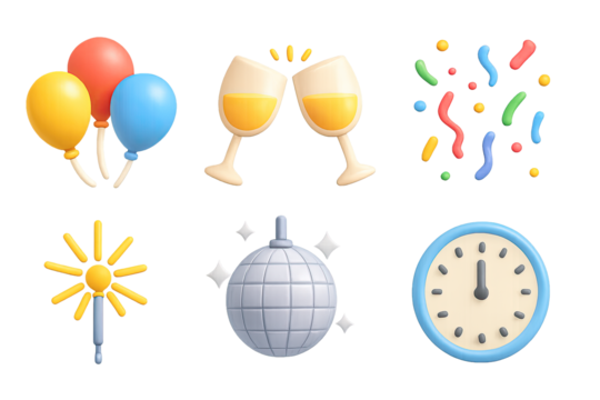 Neon party elements: balloons, champagne, confetti, sparklers, disco balls, midnight clock
