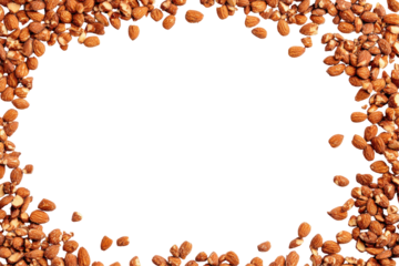 Almonds scattered isolated on transparent background. Candied almonds frame border isolated on white background.