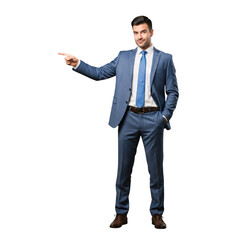 Handsome businessman in a suit pointing to the side isolated on transparent background