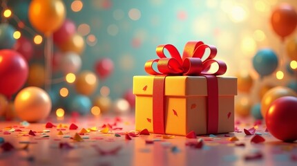 Festive surprise gift box with red ribbon and balloons birthday celebration