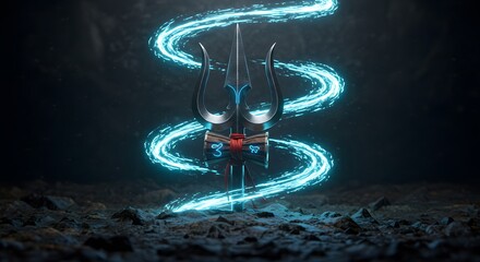 The trident of the god Shiva stands firmly and is surrounded by a flow of blue energy, made by Ai