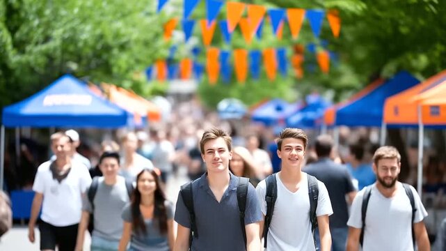 A group of freshmen navigates a bustling campus quad with club booths flyers fluttering and upperclassmen handing out schedules depicted in a vibrant photo with banner colors