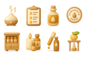 Aromatherapy icons: warm tones and soft glow for essential oil themes