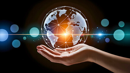 Futuristic vision of global networking and digital innovation, with a hand cradling a luminous, connected planet Earth