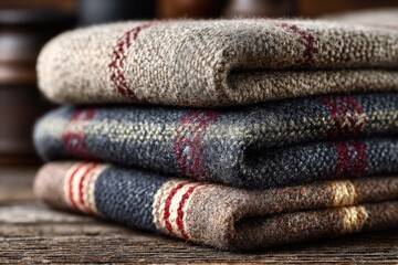 Fototapeta premium Folded blankets, stacked, muted colors, warm tones, rustic wooden surface