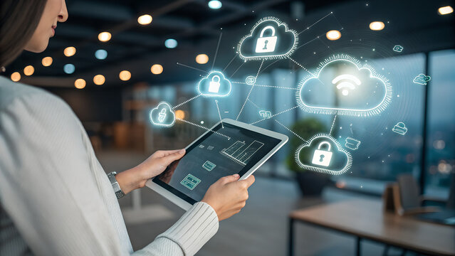 Business professional using a tablet to interact with a futuristic holographic display showcasing secure cloud computing and data protection icons in a modern office environment