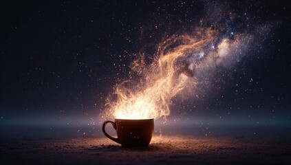 Fiery cup of coffee at night