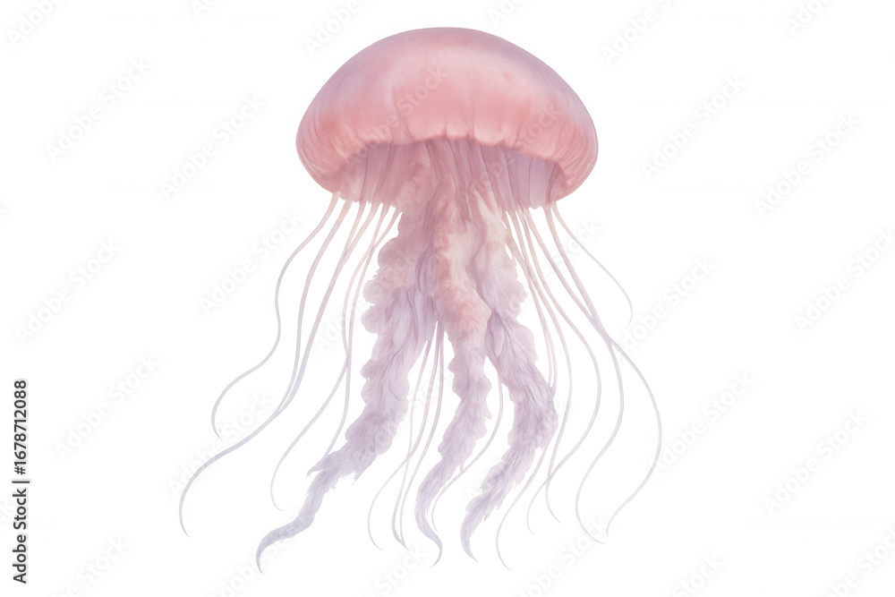 Poster pink jellyfish floating with delicate, undulating tentacles against translucent backdrop, highlighti