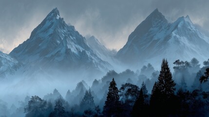 Majestic snow-capped mountains rising above a misty forest landscape at dawn with dramatic lighting