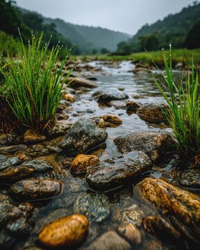 Shallow mountain stream bed, wet rocks, dewy grass