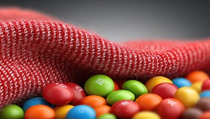 Close-up of colorful candies beneath a red fabric