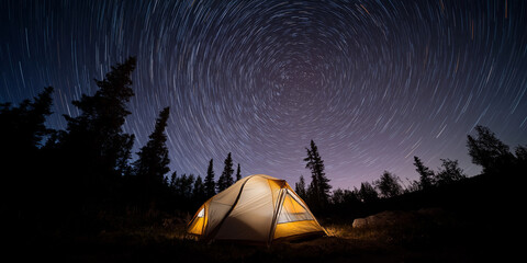 Camping tent under night sky with swirling star trails and forest trees