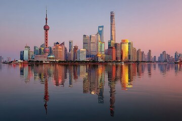 Obraz premium Sunrise city skyline reflected on water