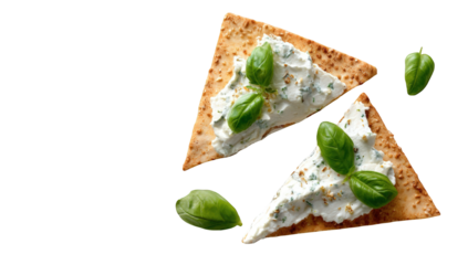 Two triangular tortilla chips topped with creamy white cheese dip and fresh basil leaves