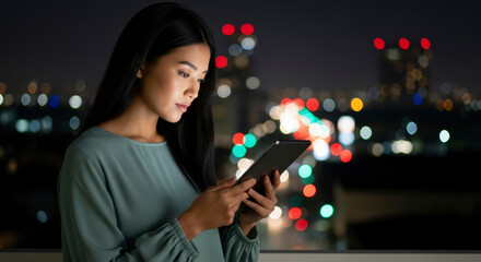 Confident woman using a digital tablet outdoors at night with a blurred city skyline and colorful lights in the background