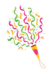 Party popper icon. Holiday popper cone with confetti, congratulate or celebrate element. Exploding cracker icon in flat design. Vector illustration isolated on white background