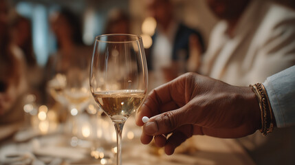 Hand holding pill beside glass of champagne drink at dinner table