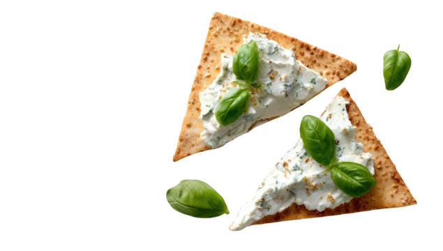 Two triangular tortilla chips topped with creamy white cheese dip and fresh basil leaves