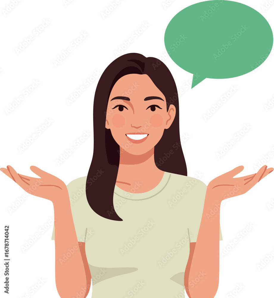 Poster woman with open hands and smiling face showing speech bubble vector illustration for communication a