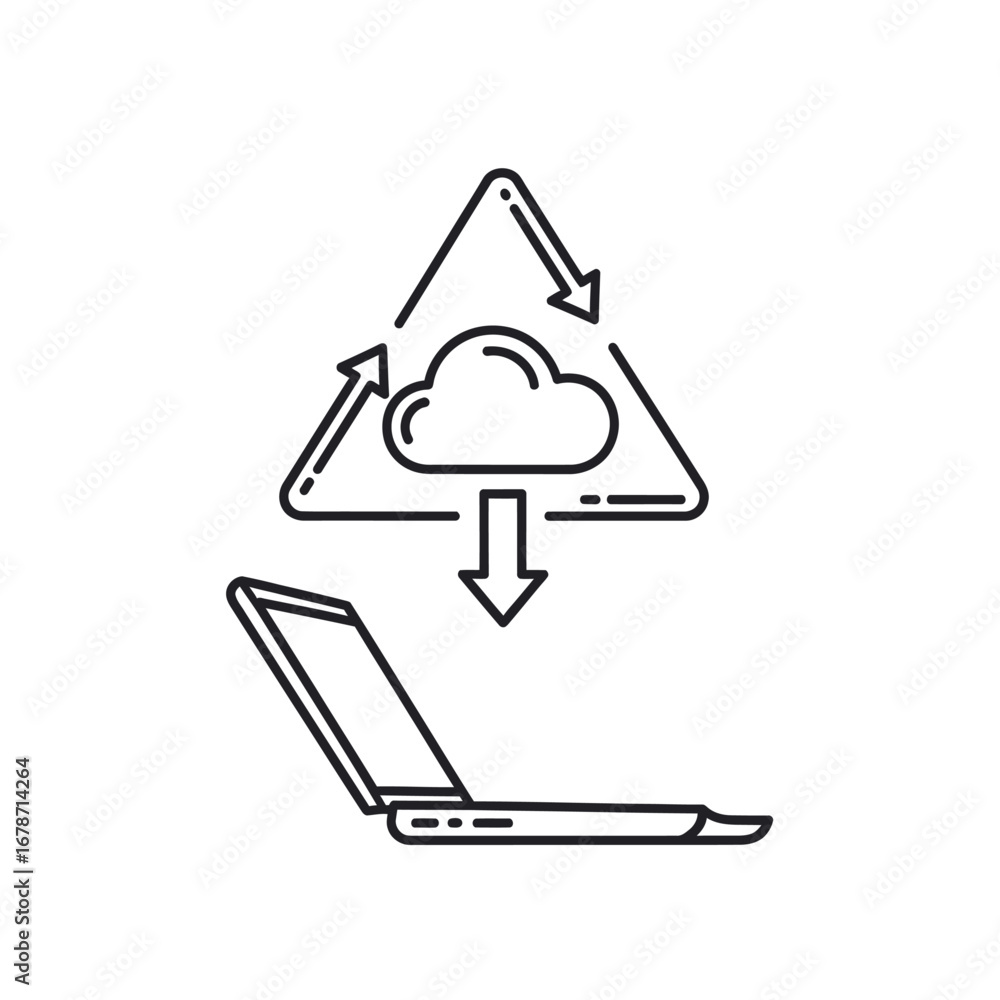 Poster a laptop receiving data from a cloud represented within a recycling triangle, depicted as a line dra