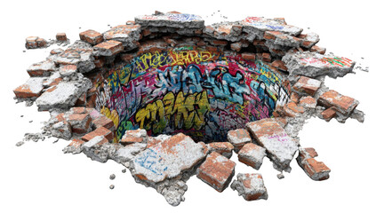 A circular hole pierced through a cracked brick wall, filled with vibrant graffiti