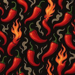 Pattern of red chili pepper with flame and smoke on dark background illustration
